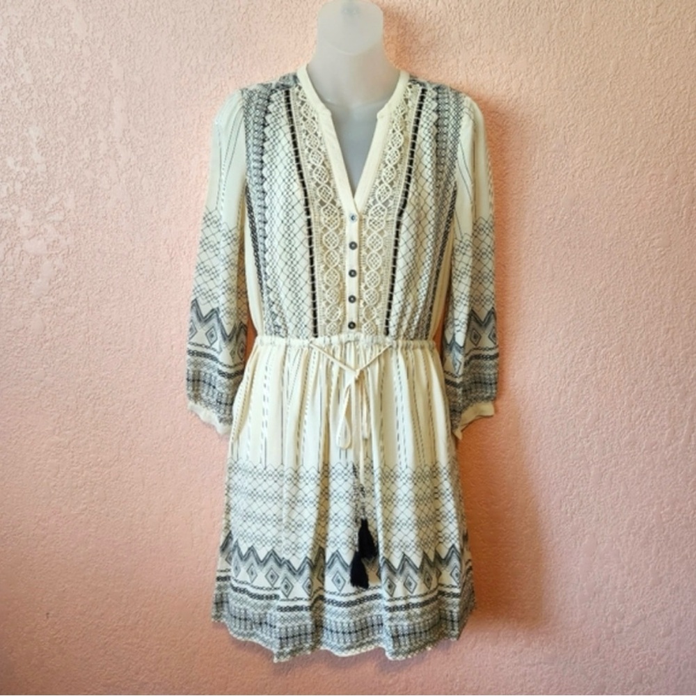 Anthropologie Floreat Cream Black 3/4 Sleeve Fit & Flare Dress